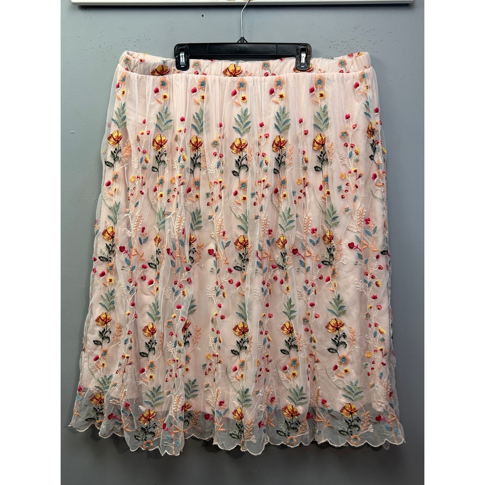 Coldwater Creek Skirt Womens 2X Peach Floral Embroidered Mesh Midi Scalloped Hem